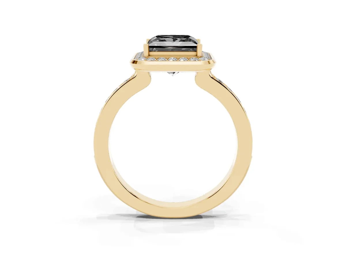 Fancy Black Princess Cut Diamond Halo Ring with Bezel Frame and Pavé Band Yellow gold