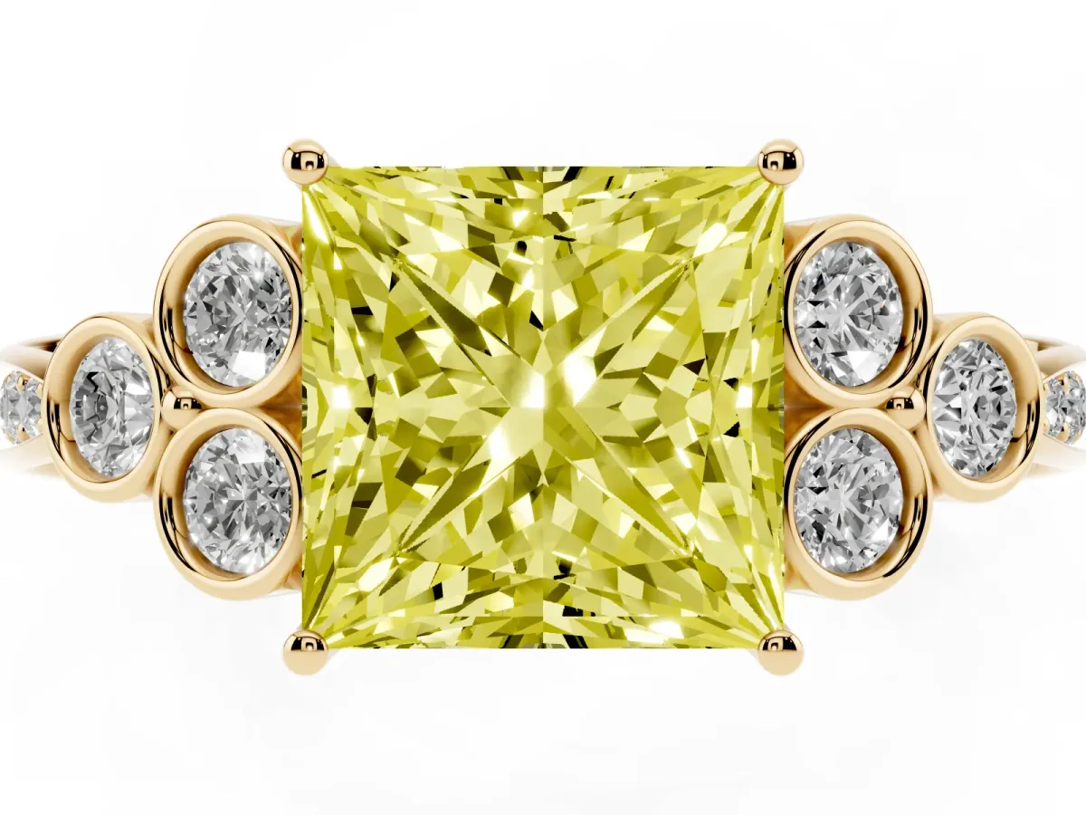 Fancy Yellow Princess Cut Cut Diamond Engagement Ring with Bezel Set Round Side Stones and Prong Setting Yellow gold