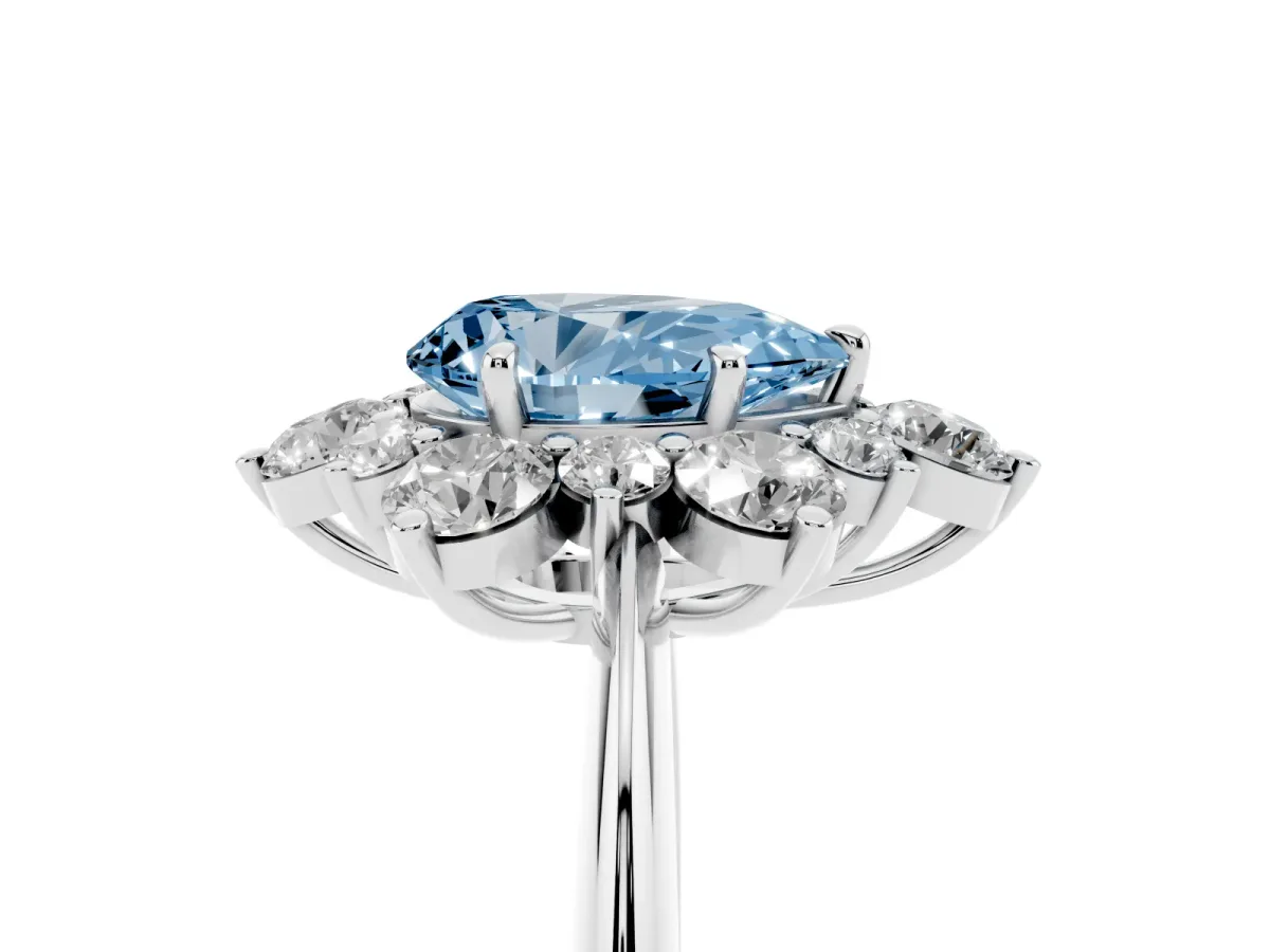 Fancy Blue Pear Cut Diamond Cluster Halo Ring with Solitaire Band and Four-Prong Setting Silver