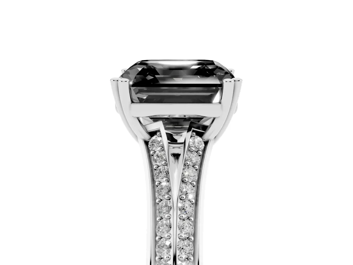 Fancy Black Asscher Cut Diamond Split Shank Engagement Ring with Pavé Band Silver