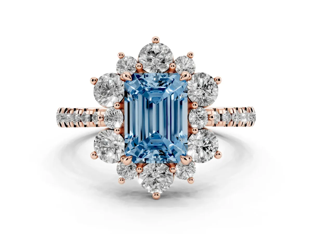 Fancy Blue Emerald Cut Diamond Floral Halo Ring with Round Pavé Band and Prong Setting Rose gold