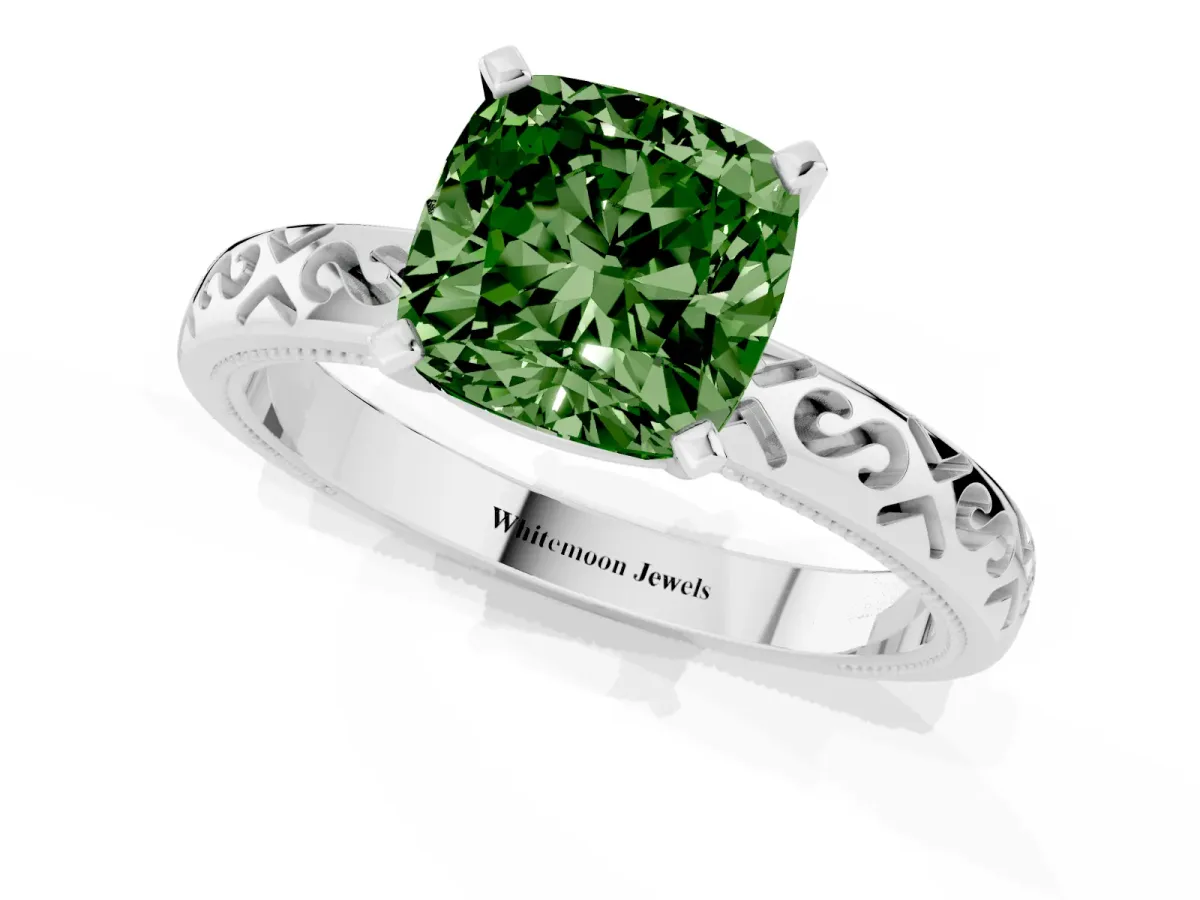 Fancy Green Cushion Cut Solitaire Engagement Ring with Scrollwork Band and Four-Prong Setting Platinum