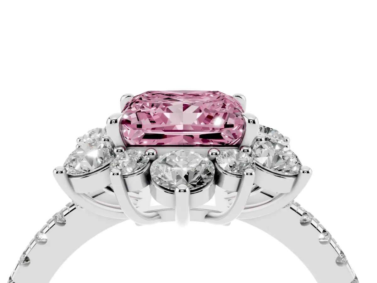 Fancy Pink Princess Cut Diamond Floral Halo Ring with Round Pavé Band and Prong Setting Silver