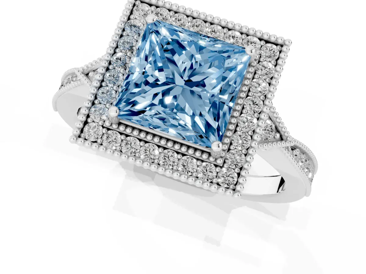 Fancy Blue Princess Cut Halo Round Diamond Milgrain Pave Engagement Ring Platinum