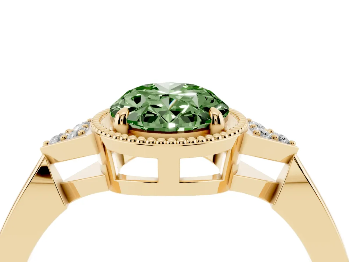 Fancy Green Oval Cut Diamond Halo Ring with Tapered Band and Four-Prong Setting Yellow gold