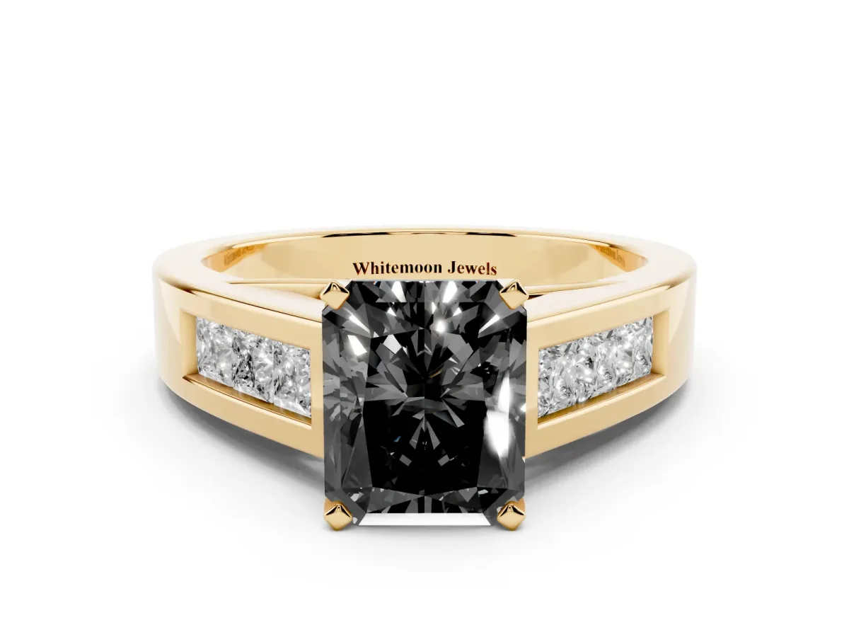 Fancy Black Radiant Cut Cut Channel Set Solitaire Ring with Four-Prong Setting Yellow gold