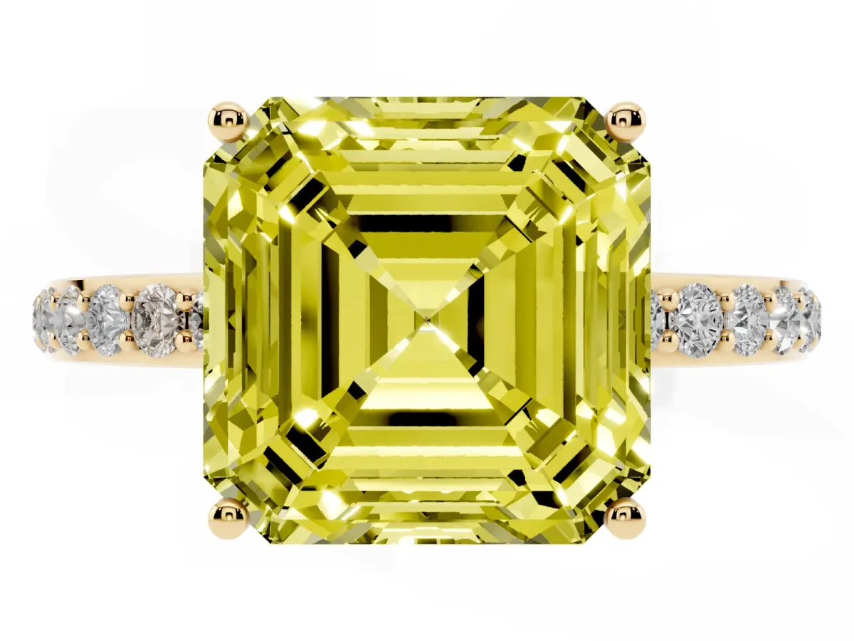 Fancy Yellow Asscher Cut Diamond Solitaire Ring with Pavé Band and Hidden Halo Yellow gold