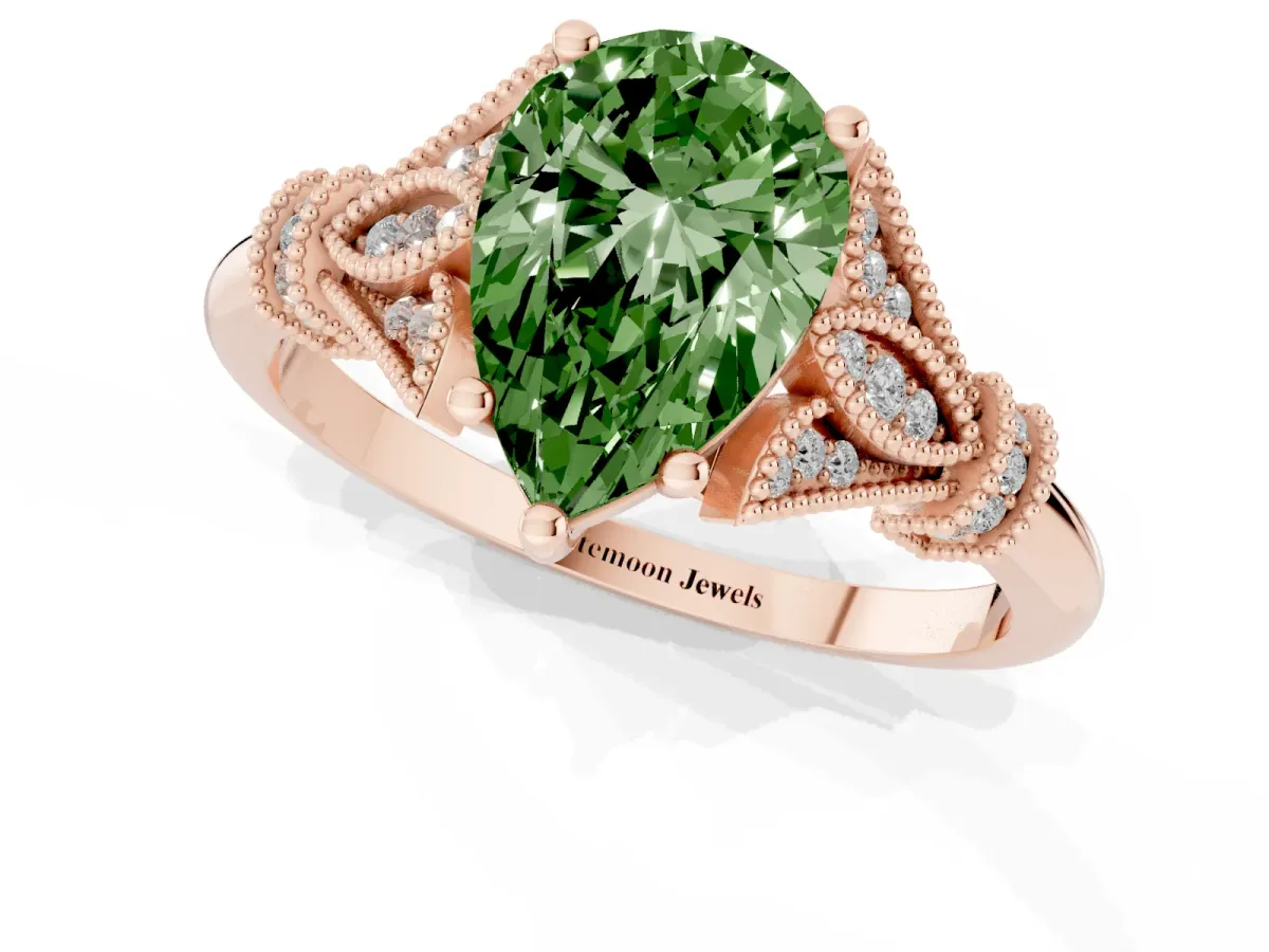 Fancy Green Pear Cut Diamond Solitaire Ring with Floral Filigree and Pave Accents Rose gold