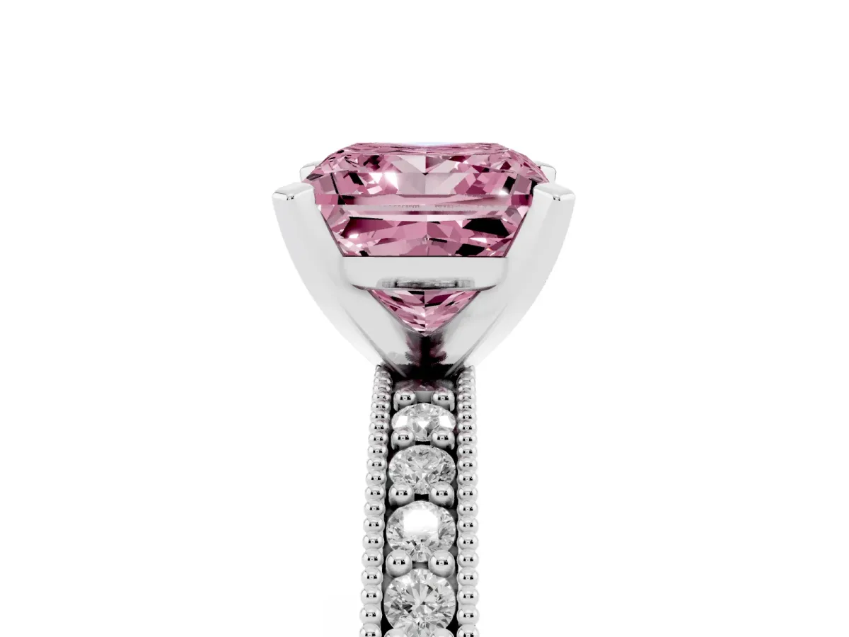 Fancy Pink Princess Cut Diamond Milgrain Pavé Engagement Ring with Four-Prong Setting Silver