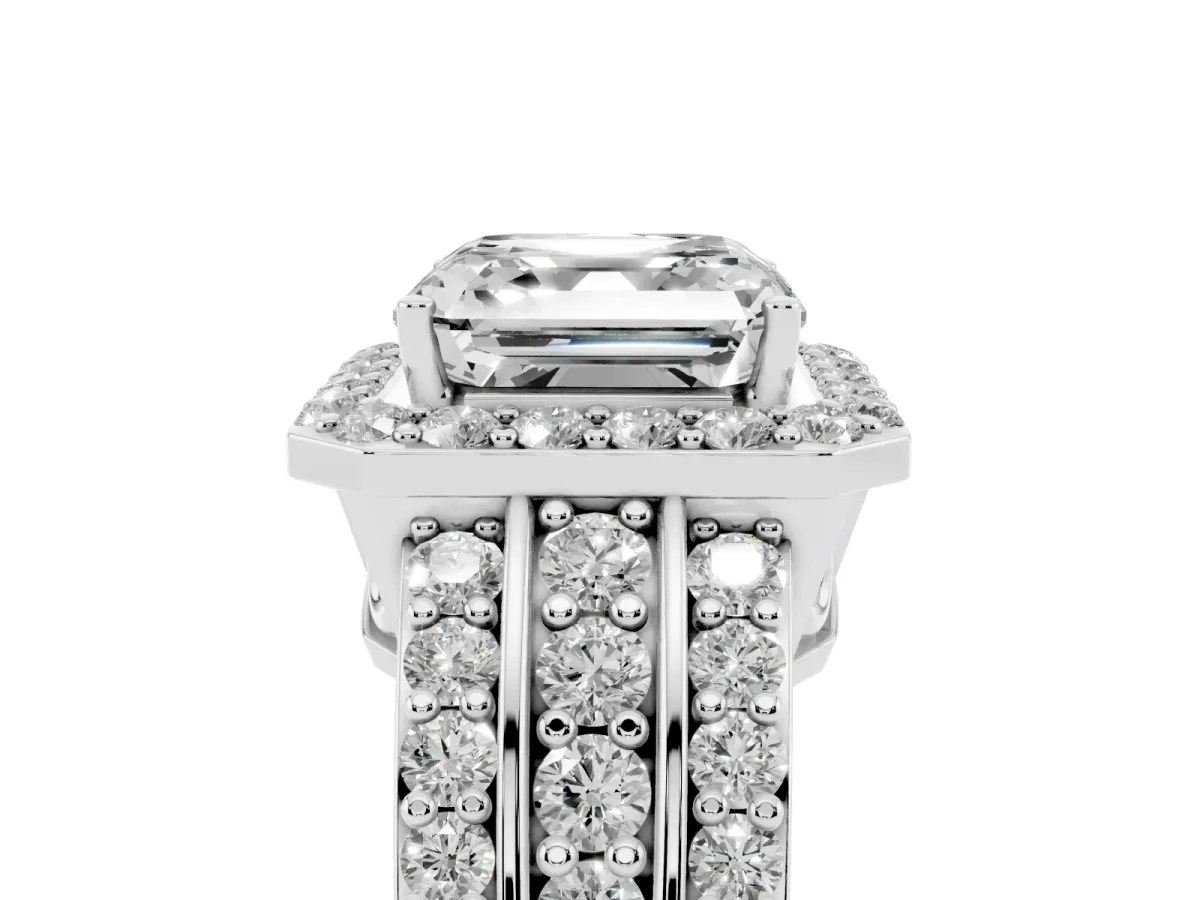 Asscher Cut Halo Diamond Ring with Round Split Shank and Prong Setting Silver