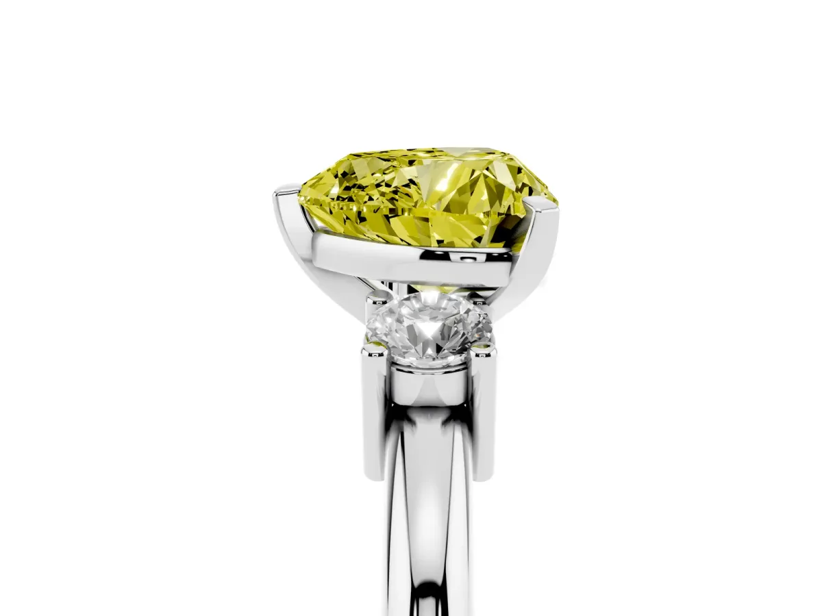 Fancy Yellow Three-Stone Heart Cut Cut Diamond Solitaire with Prong Setting and Classic Band Silver
