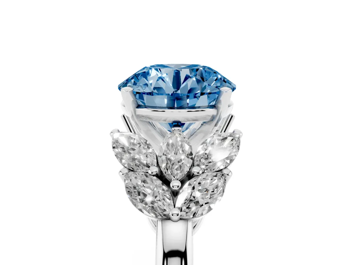 Fancy Blue Round Cut Diamond Cluster Leaf Design Ring with Prong Setting Silver