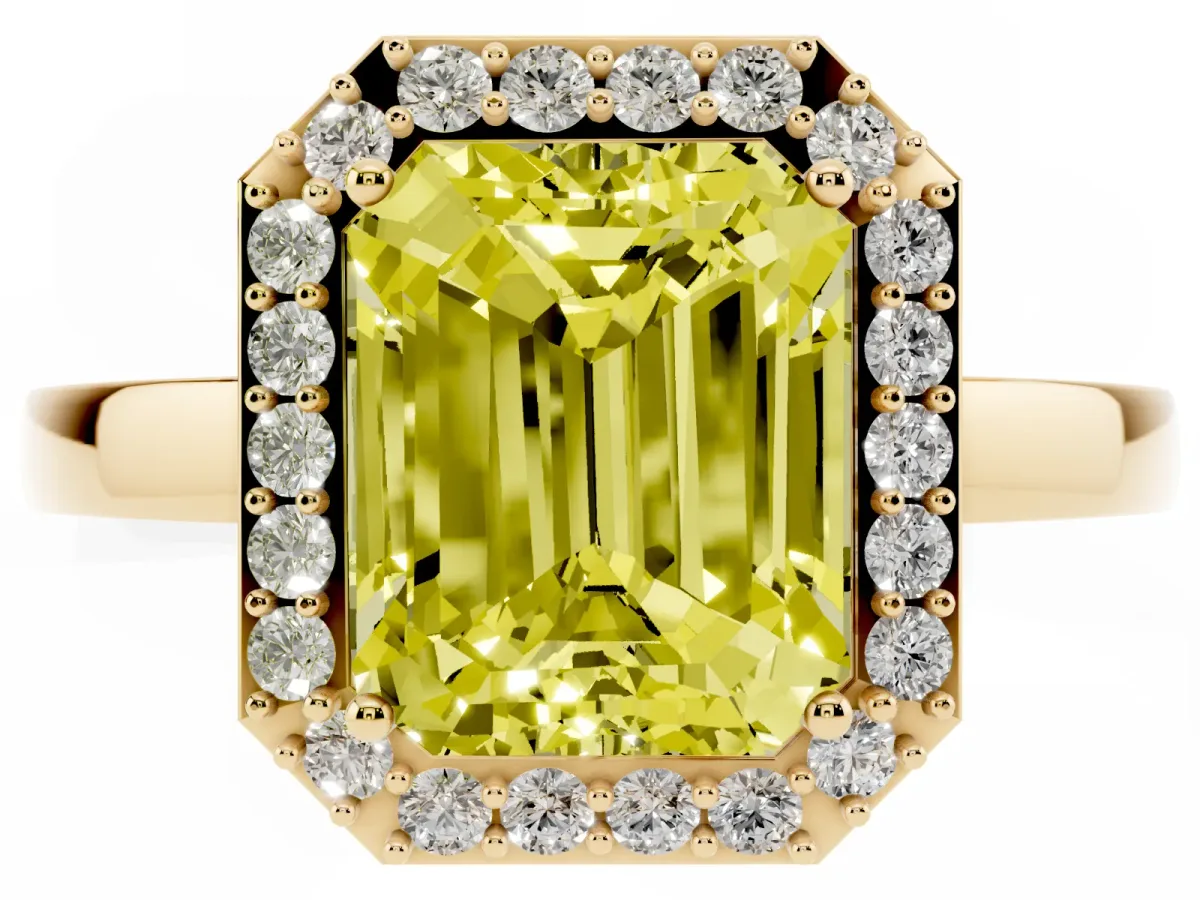 Fancy Yellow Radiant Cut Halo Diamond Ring with Solitaire Band and Prong Setting Yellow gold