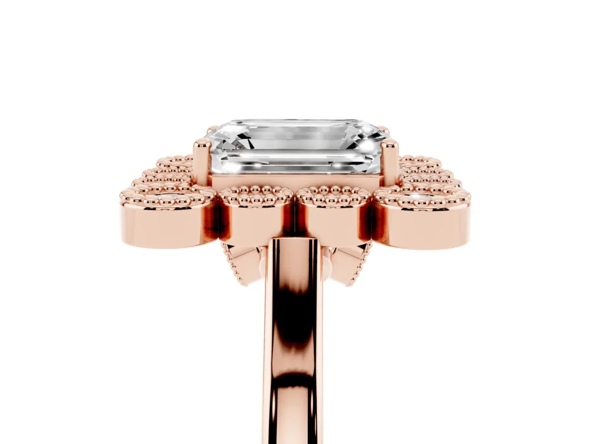 Emerald Cut Halo Diamond Cluster Engagement Ring with Milgrain Bezel Setting and Solitaire Band Rose gold