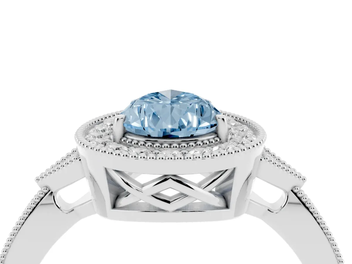 Fancy Blue Pear Cut Halo Round Diamond Milgrain Pave Engagement Ring Silver