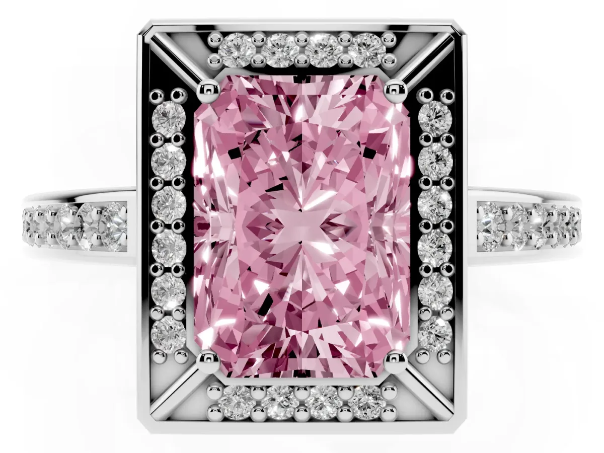 Fancy Pink Radiant Cut Cut Halo Pave Split Shank Prong Setting Ring Silver