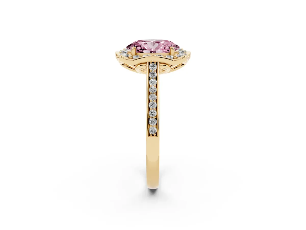 Fancy Pink Oval Cut Halo Round Diamond Pave Band with Four-Prong Setting Yellow gold