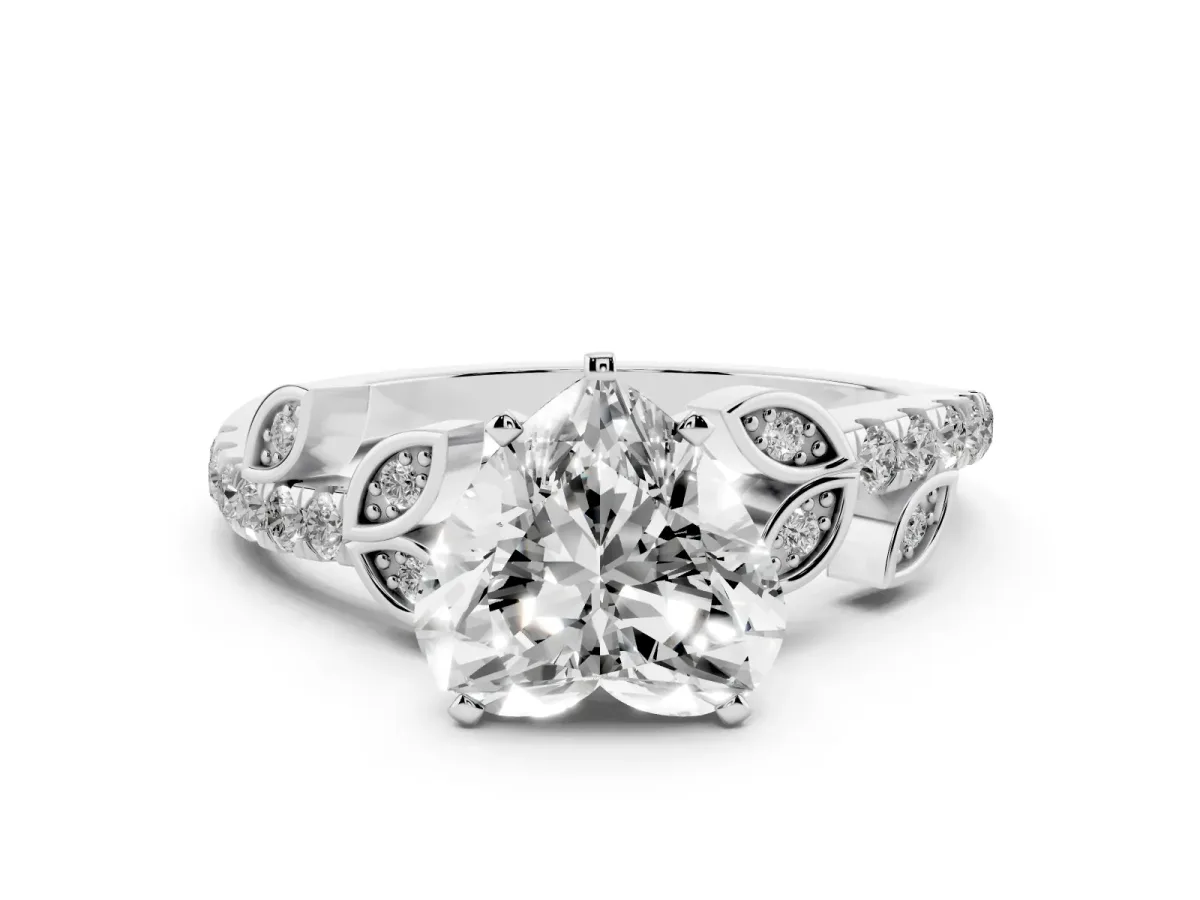 Heart Cut Solitaire Leaf-Inspired Diamond Ring with Pavé Band and Four-Prong Setting Silver