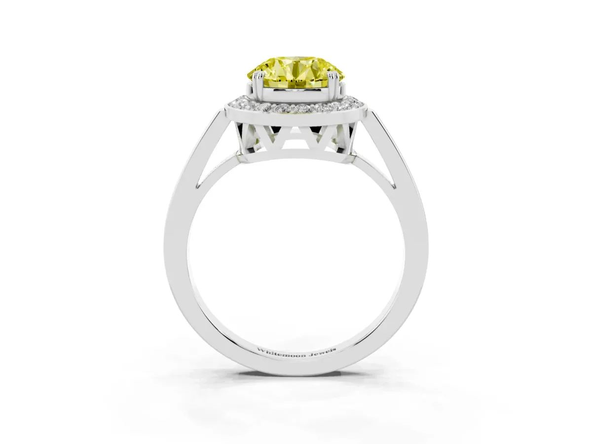 Fancy Yellow Round Cut Diamond Halo Ring with Split Shank and Four-Prong Setting Silver