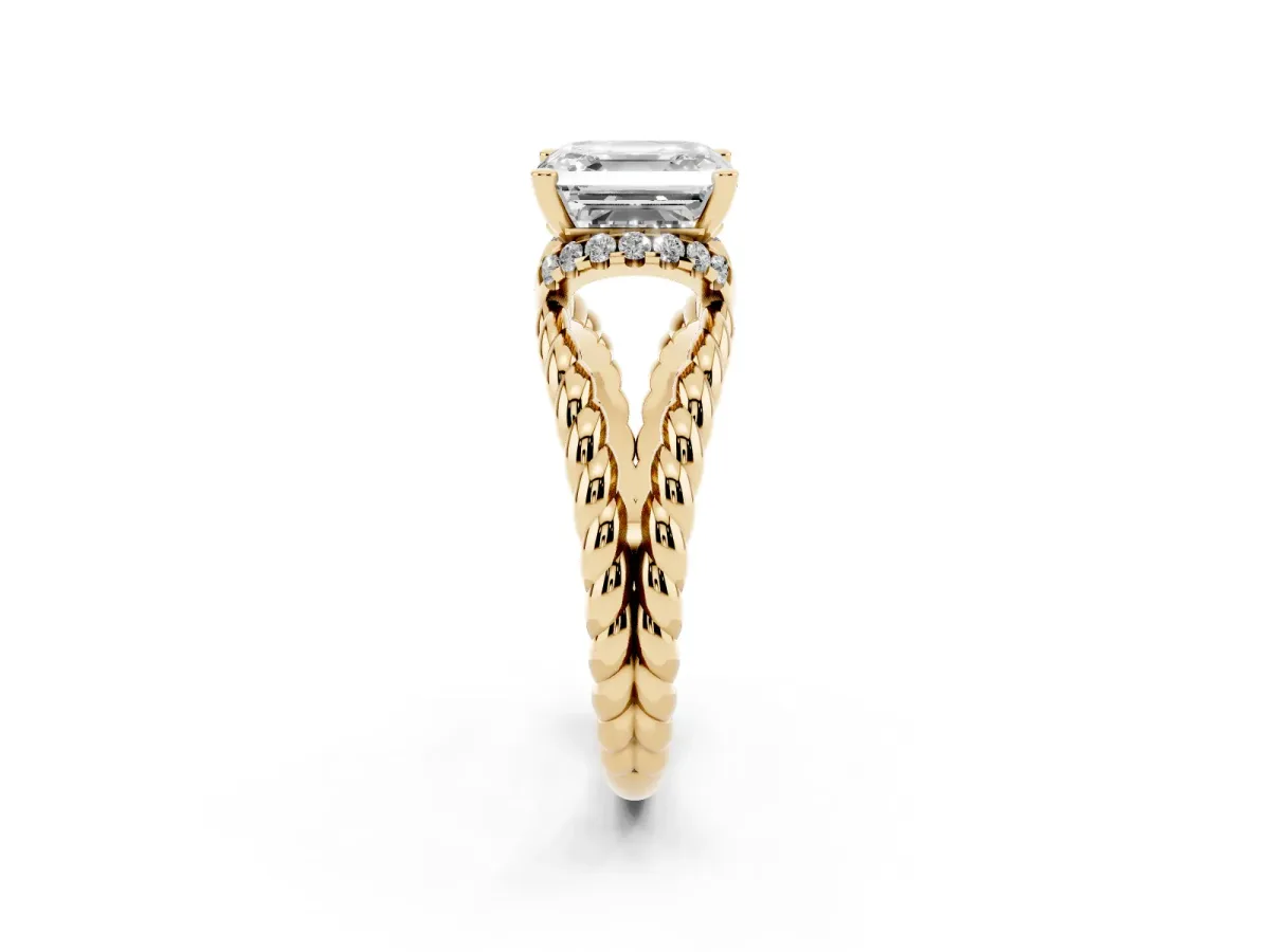 Asscher Cut Halo Twisted Band Four-Prong Ring Yellow gold