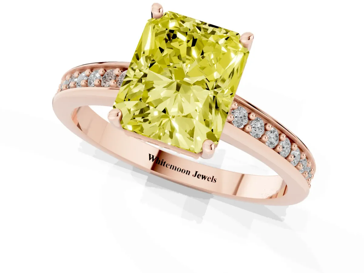 Fancy Yellow Radiant Cut Solitaire Pavé Band Prong Setting Ring Rose gold