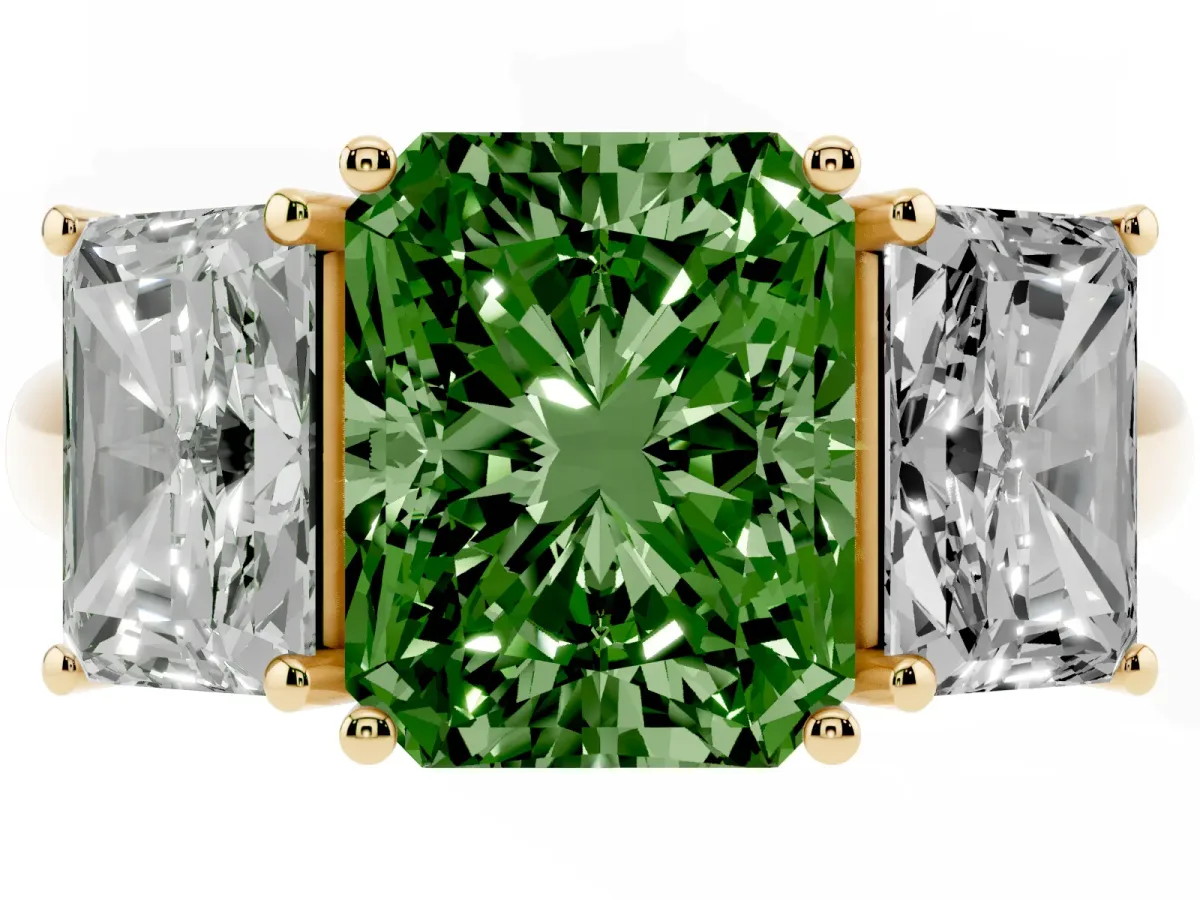 Fancy Green Three-Stone Radiant Cut Diamond Engagement Ring with Prong Setting Yellow gold