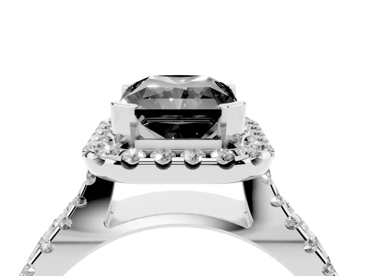 Fancy Black Radiant Cut Diamond Halo Ring with Split Shank Pavé Band and Prong Setting Silver