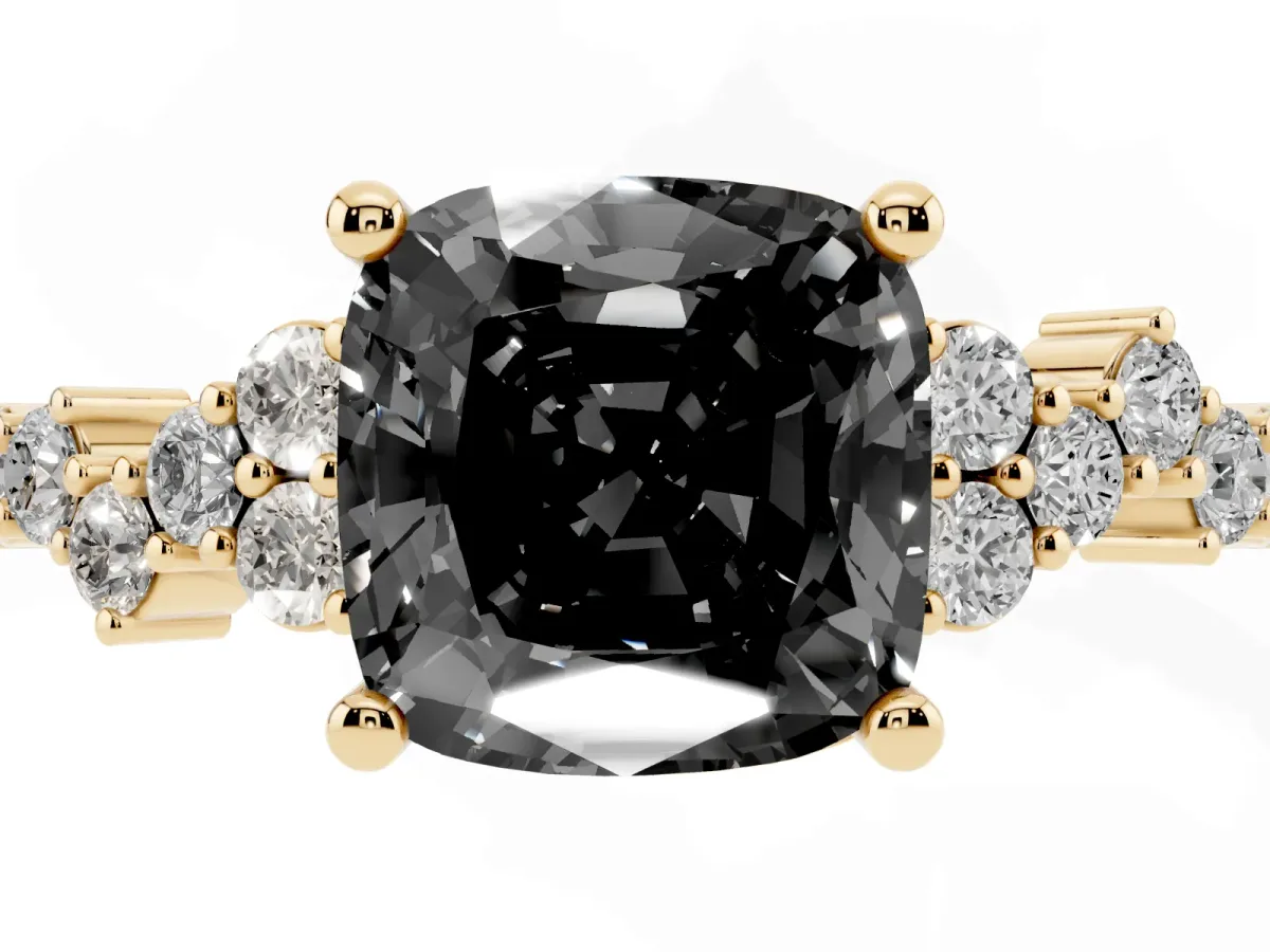 Fancy Black Cushion Cut Diamond Scattered Round Accent Ring with Prong Setting Yellow gold