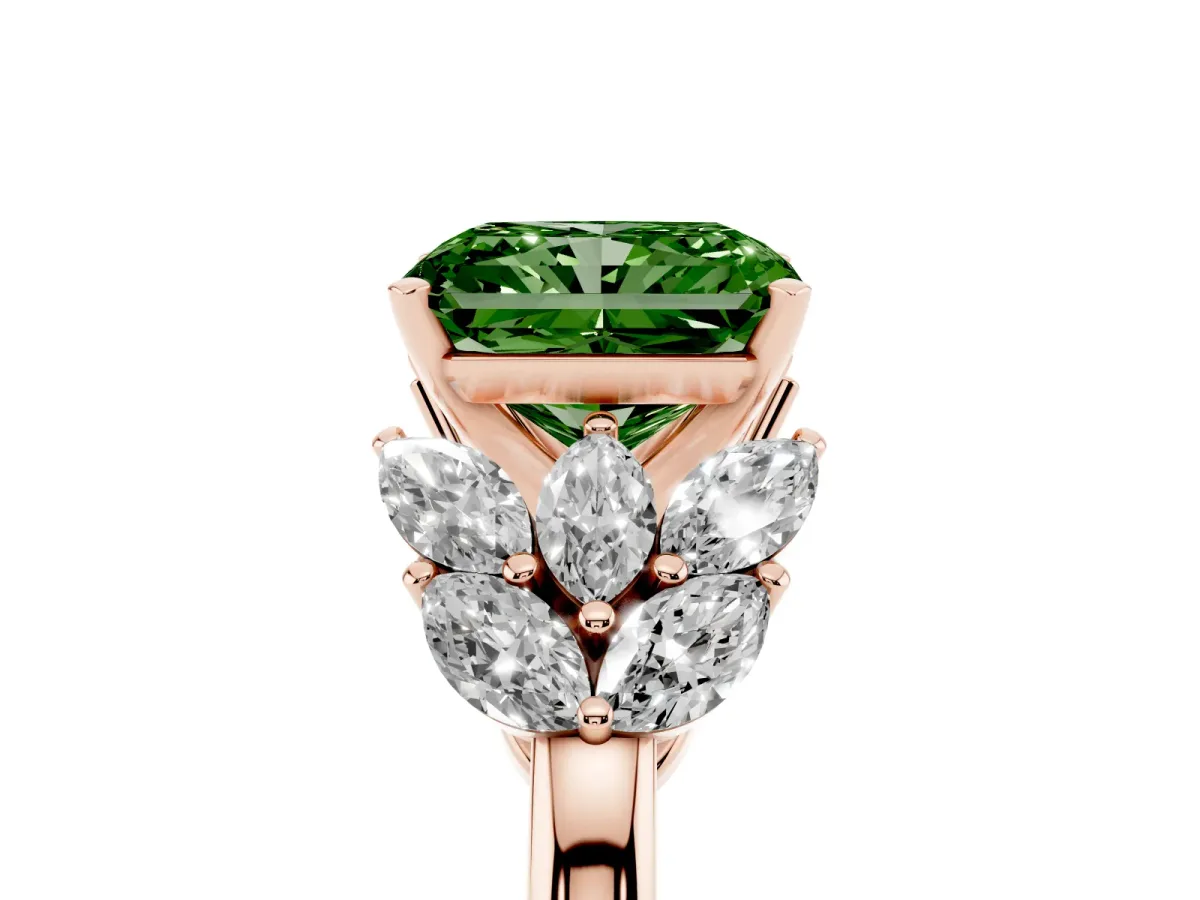 Fancy Green Radiant Cut Diamond Cluster Leaf Design Ring with Prong Setting Rose gold