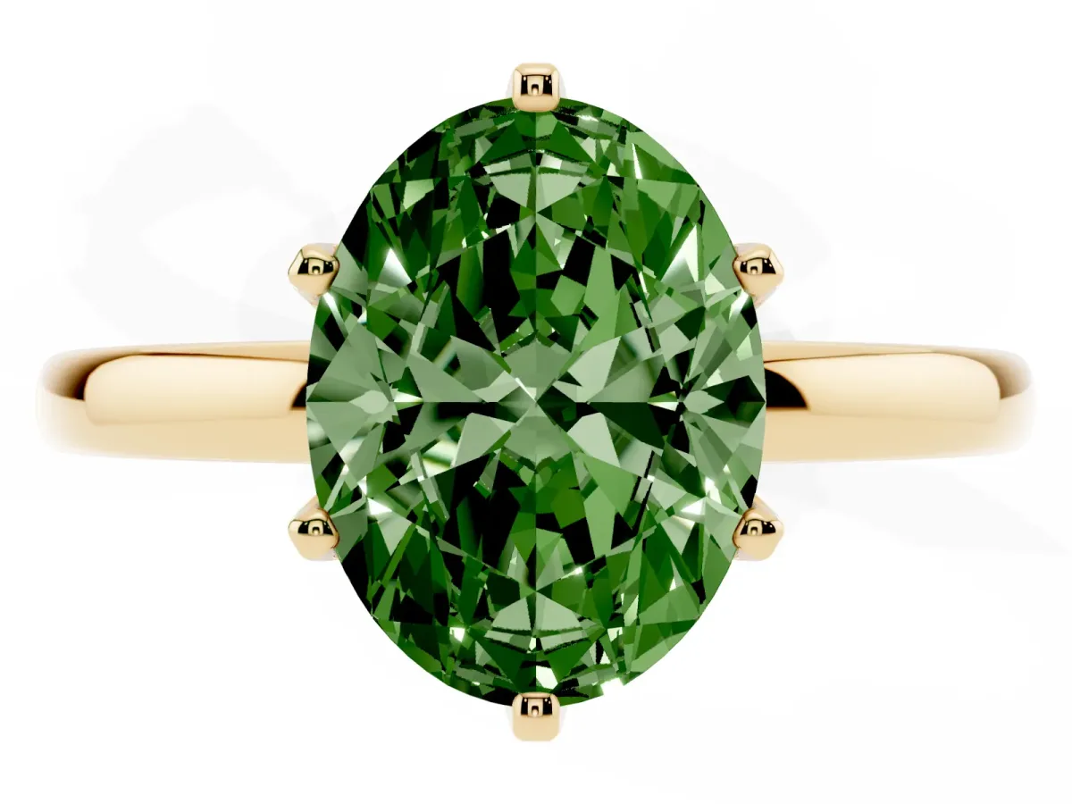 Fancy Green Oval Cut Solitaire Diamond Ring with Six-Prong Setting on a Classic Band Yellow gold