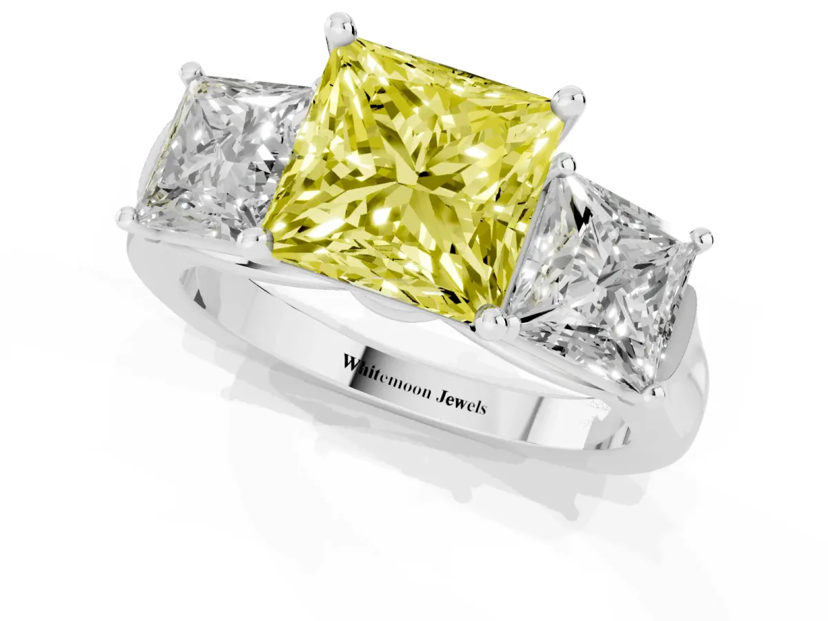 Fancy Yellow Three-Stone Princess Cut Brilliant Diamond Trellis Ring with Comfort Fit Band White gold