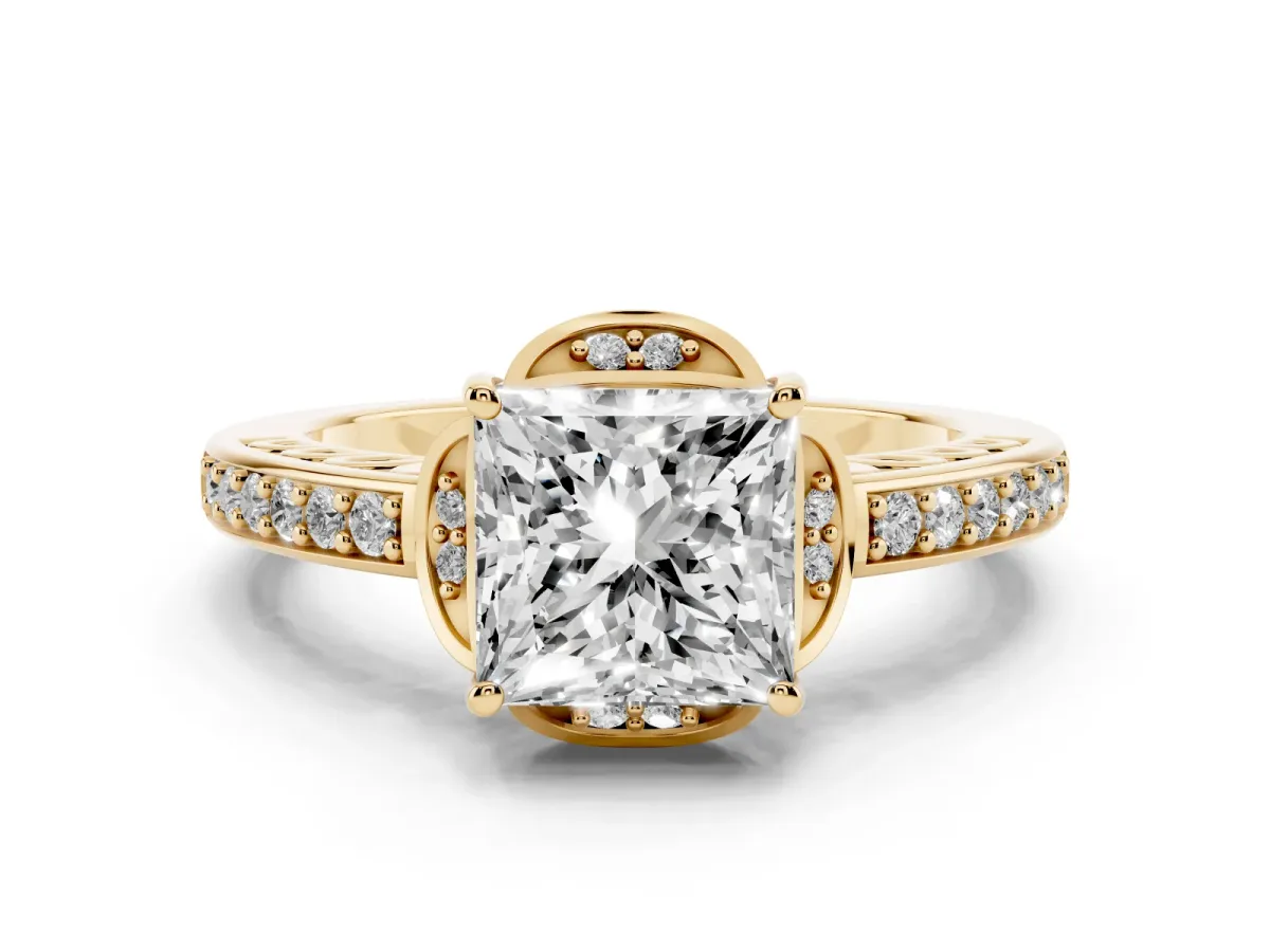 Princess Cut Cut Halo Diamond Ring with Channel Set Band and Four-Prong Setting Yellow gold
