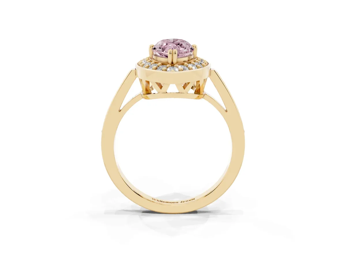 Fancy Pink Marquise Cut Diamond Halo Ring with Split Shank and Four-Prong Setting Yellow gold