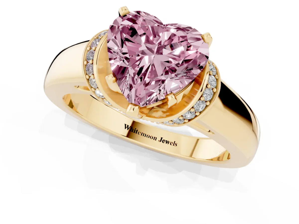 Fancy Pink Heart Cut Solitaire Diamond Ring with Pave Band and Six-Prong Setting Yellow gold