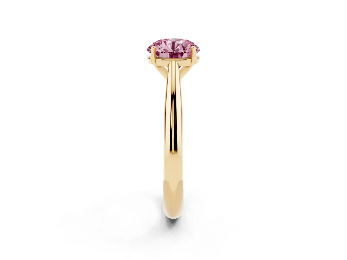 Fancy Pink Round Cut Diamond Solitaire Engagement Ring with Cathedral Setting and Four-Prong Mount Yellow gold