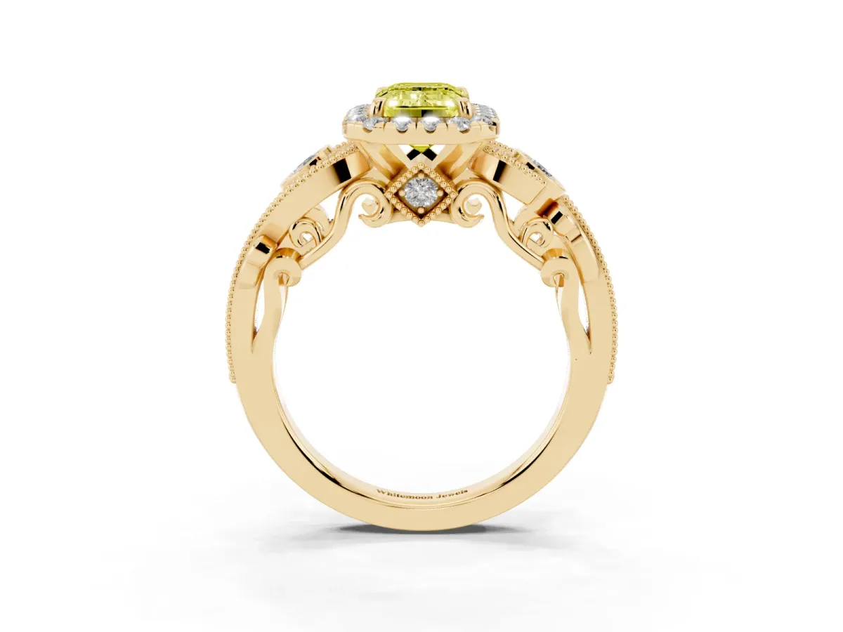 Fancy Yellow Emerald Cut Halo Diamond Ring with Milgrain and Bezel Accents on a Split Shank Band Yellow gold