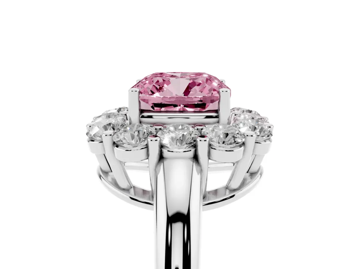 Fancy Pink Cushion Cut Halo Cluster Diamond Engagement Ring with Prong Setting and Polished Band Platinum