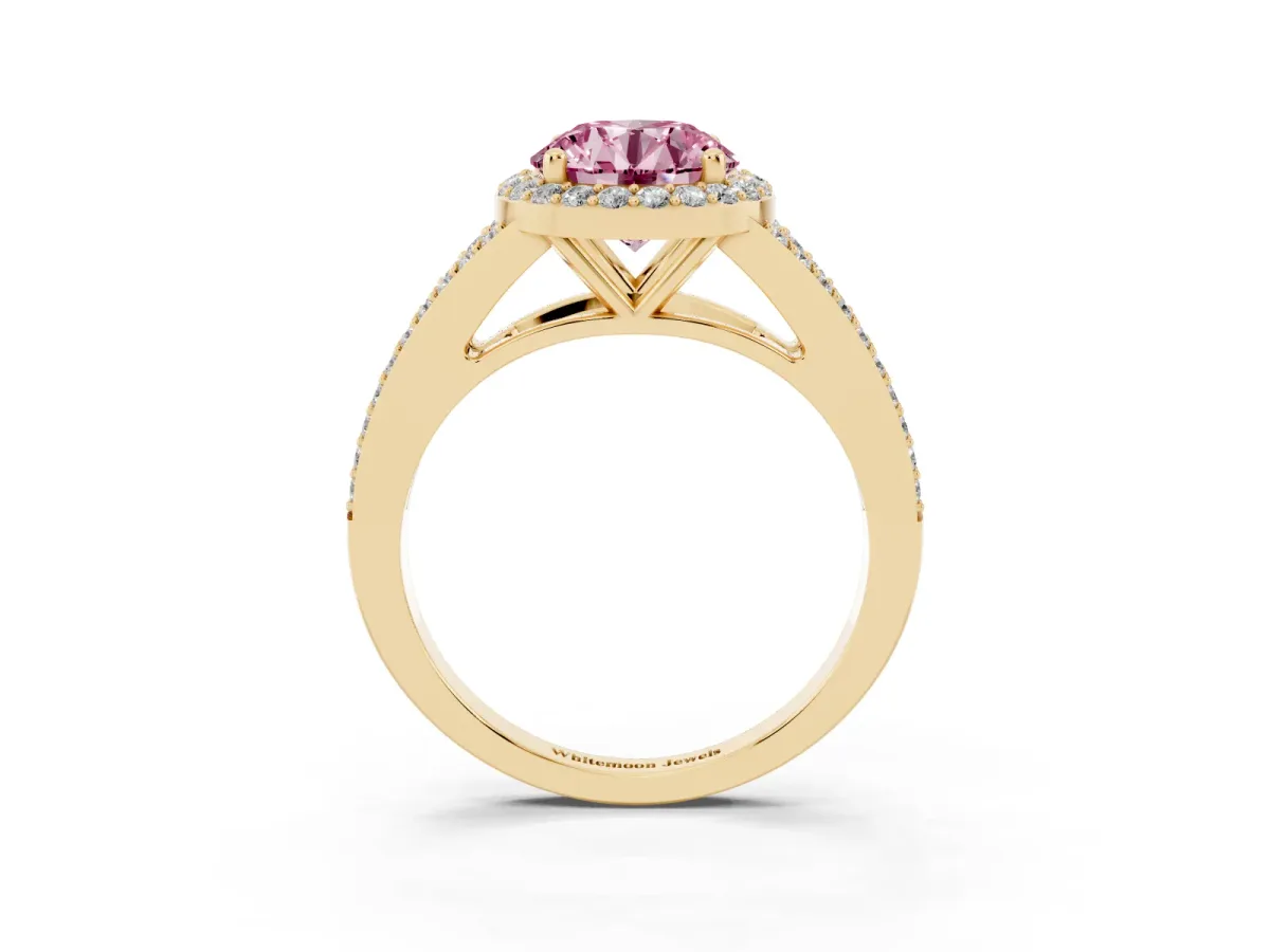 Fancy Pink Round Cut Halo Split Shank Diamond Ring with Prong Setting Yellow gold