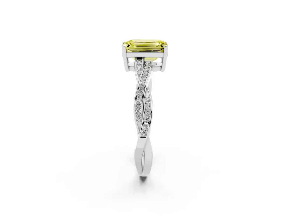 Fancy Yellow Emerald Cut Solitaire Twisted Pave Diamond Ring with Four-Prong Setting White gold