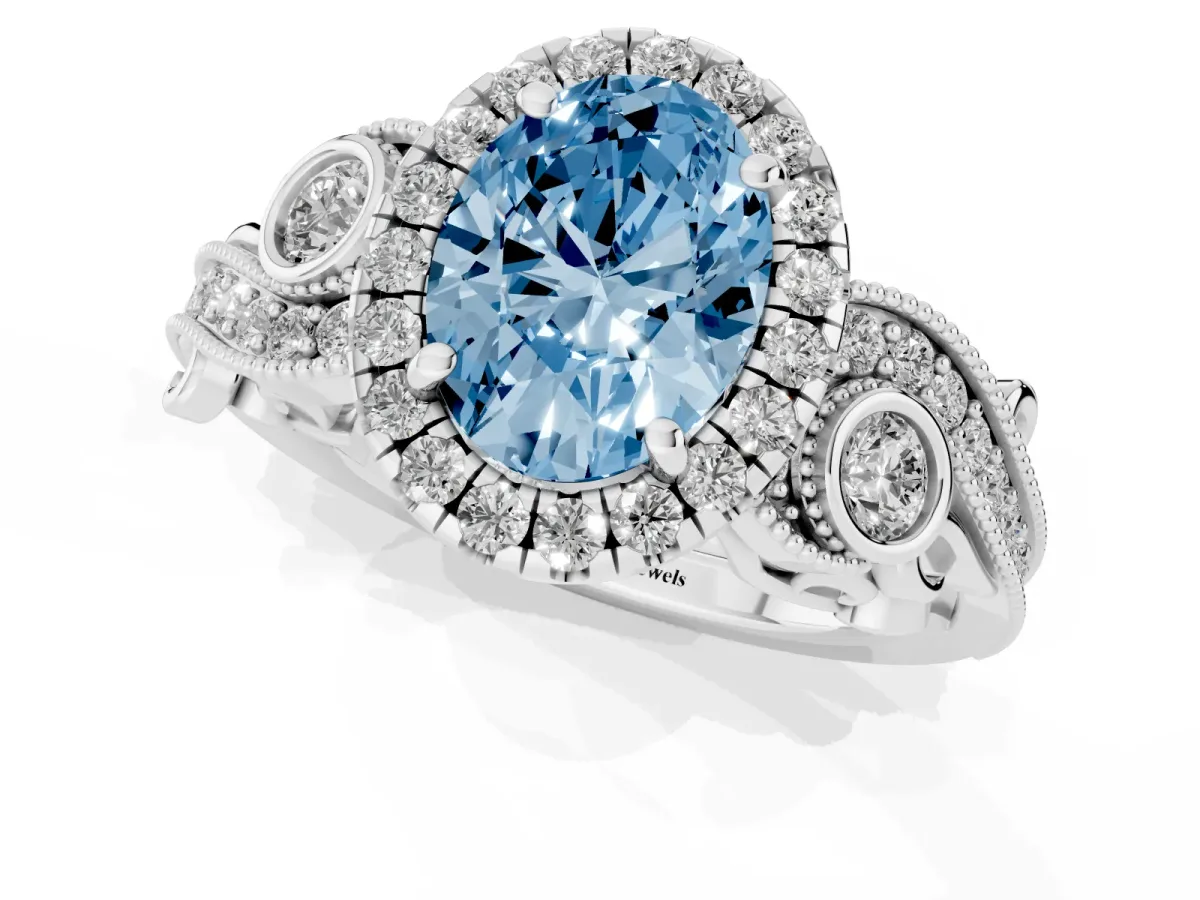 Fancy Blue Oval Cut Diamond Halo Ring with Milgrain Pavé Band and Four-Prong Setting Silver