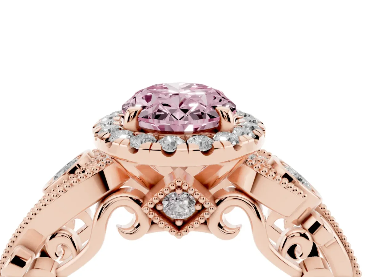 Fancy Pink Oval Cut Diamond Halo Ring with Milgrain Pavé Band and Four-Prong Setting Rose gold