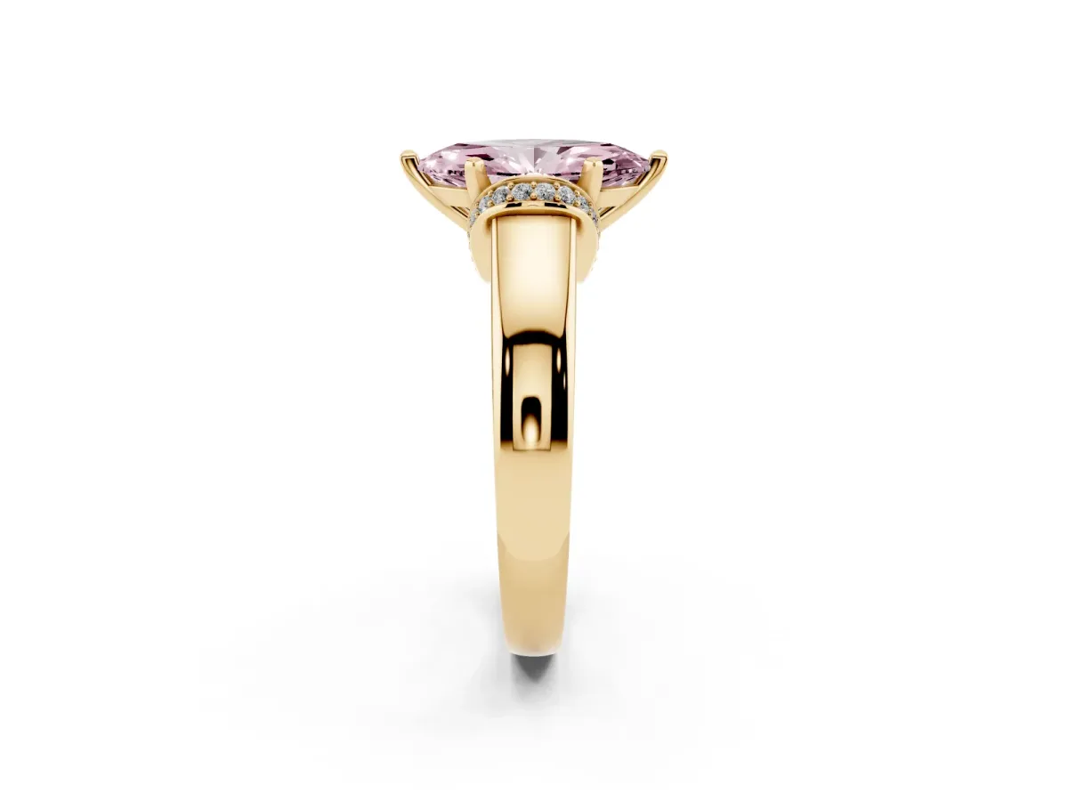 Fancy Pink Marquise Cut Solitaire Diamond Ring with Pave Band and Six-Prong Setting Yellow gold