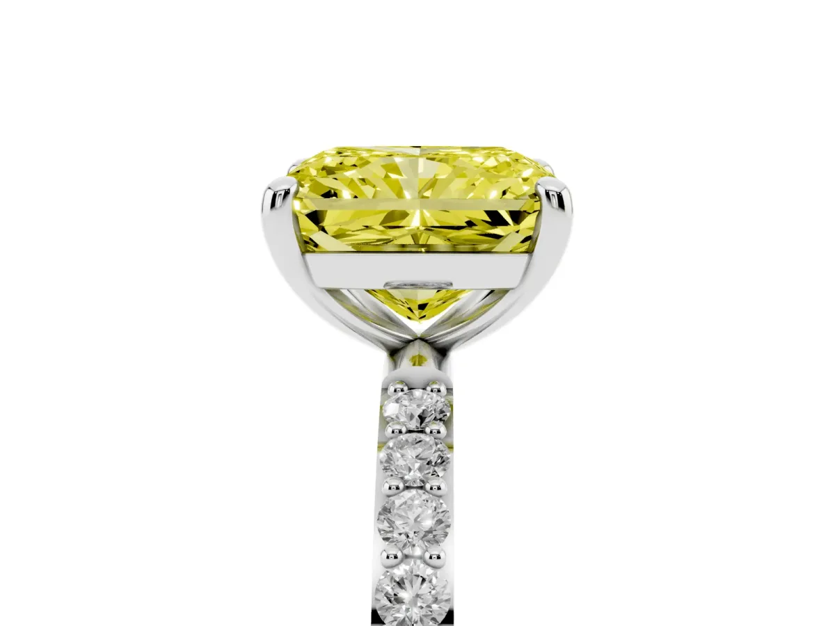 Fancy Yellow Radiant Cut Diamond Solitaire Ring with Round Pavé Band and Prong Setting Silver