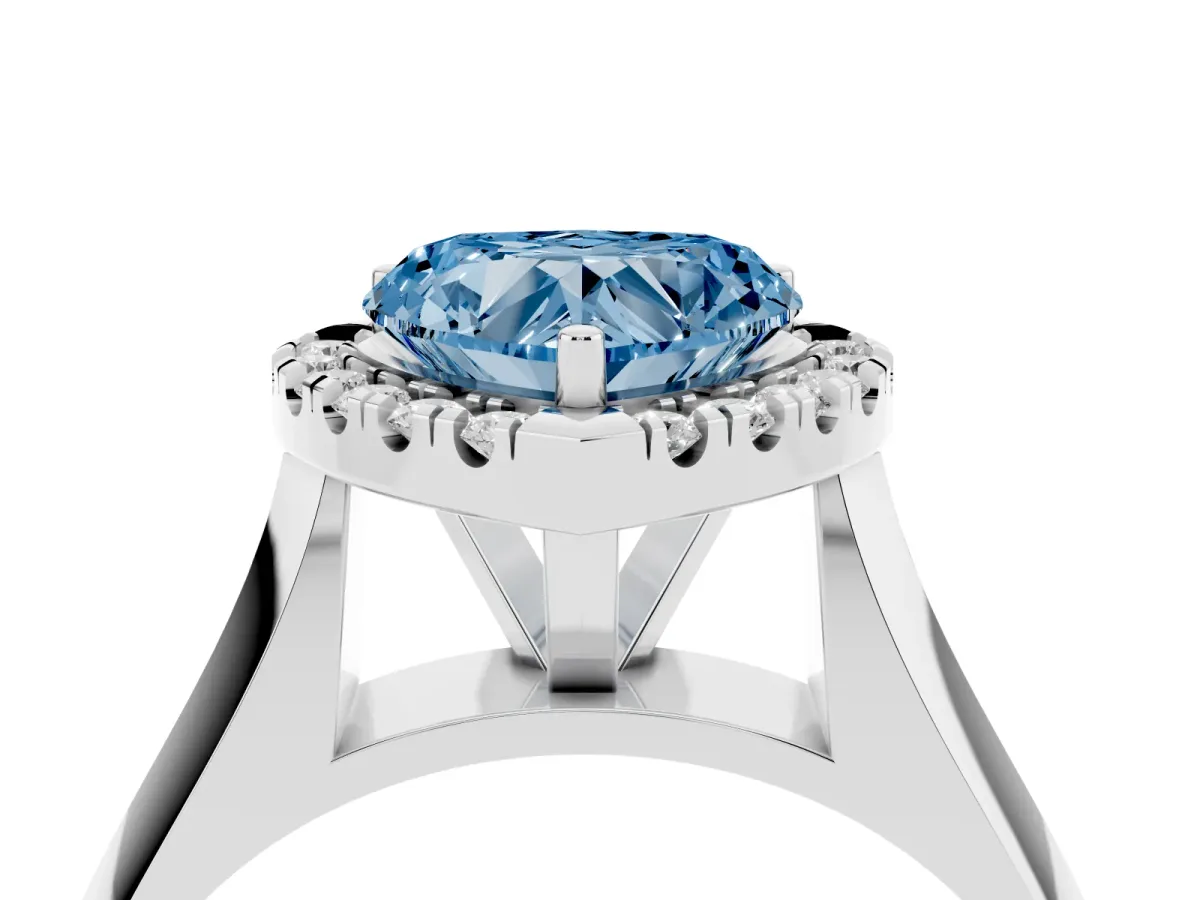 Fancy Blue Heart Cut Cut Halo Solitaire Engagement Ring with Square Band and Four-Prong Setting Silver