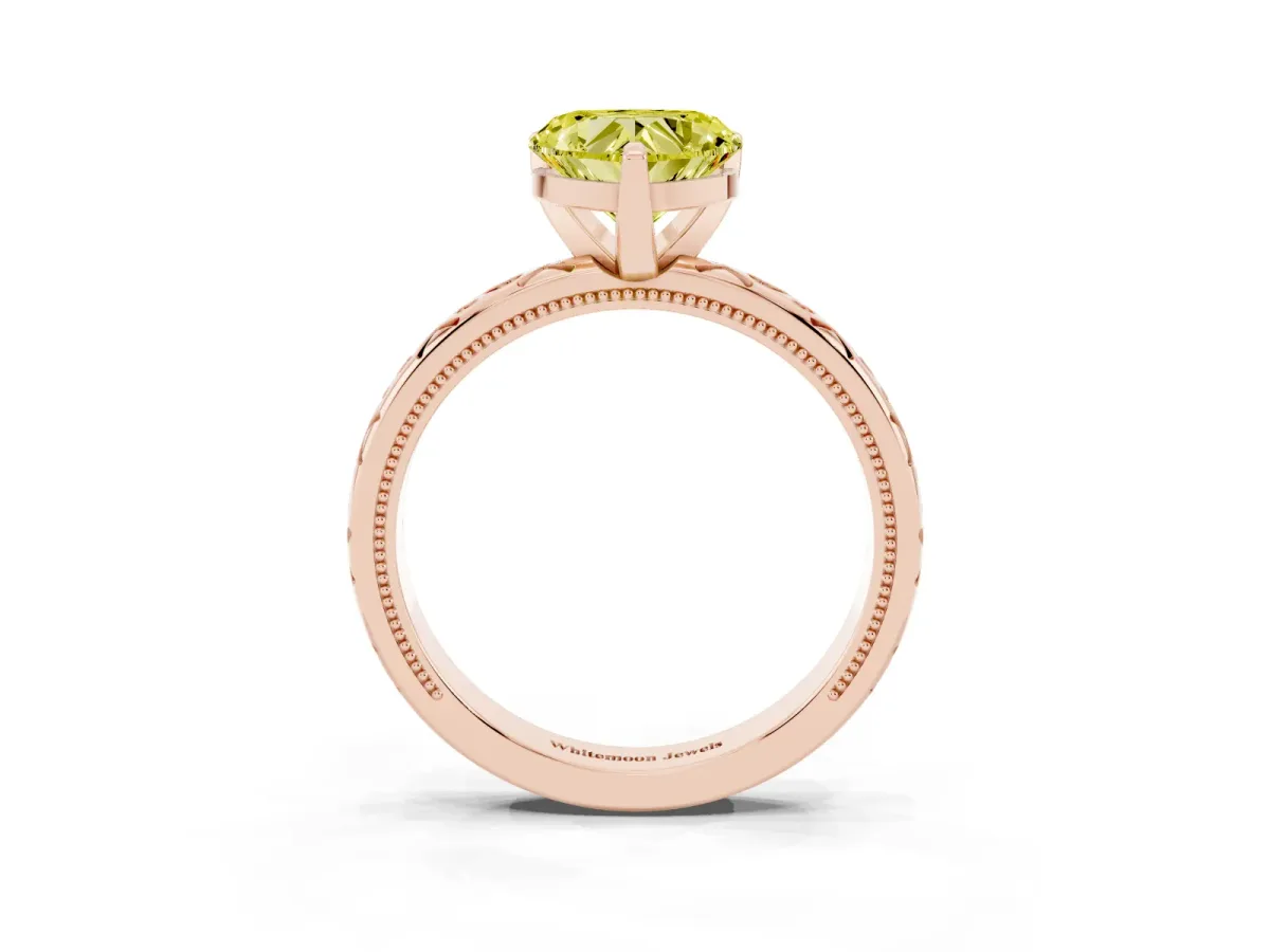 Fancy Yellow Heart Cut Solitaire Engagement Ring with Scrollwork Band and Four-Prong Setting Rose gold