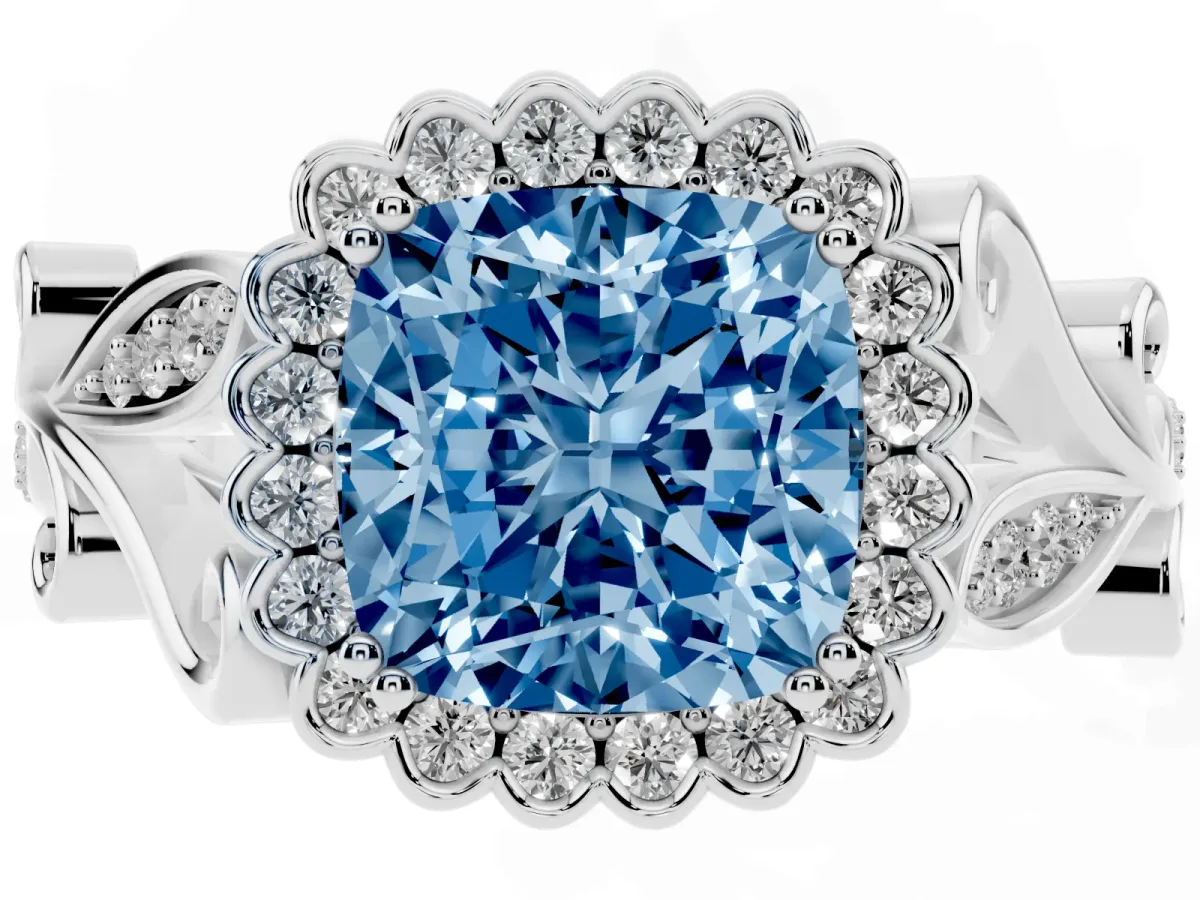 Fancy Blue Cushion Cut Diamond Halo Ring with Vintage Split Shank and Four-Prong Setting Silver