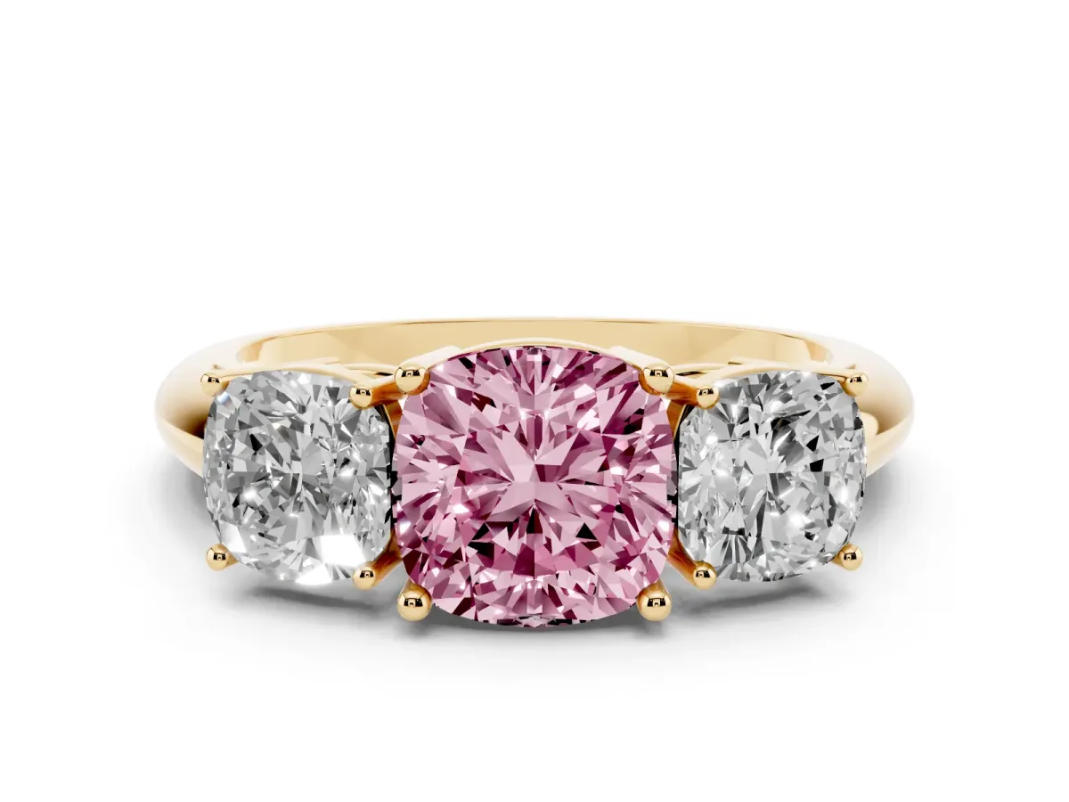Fancy Pink Three-Stone Cushion Cut Cut Diamond Engagement Ring with Prong Setting on a White Gold Band Yellow gold
