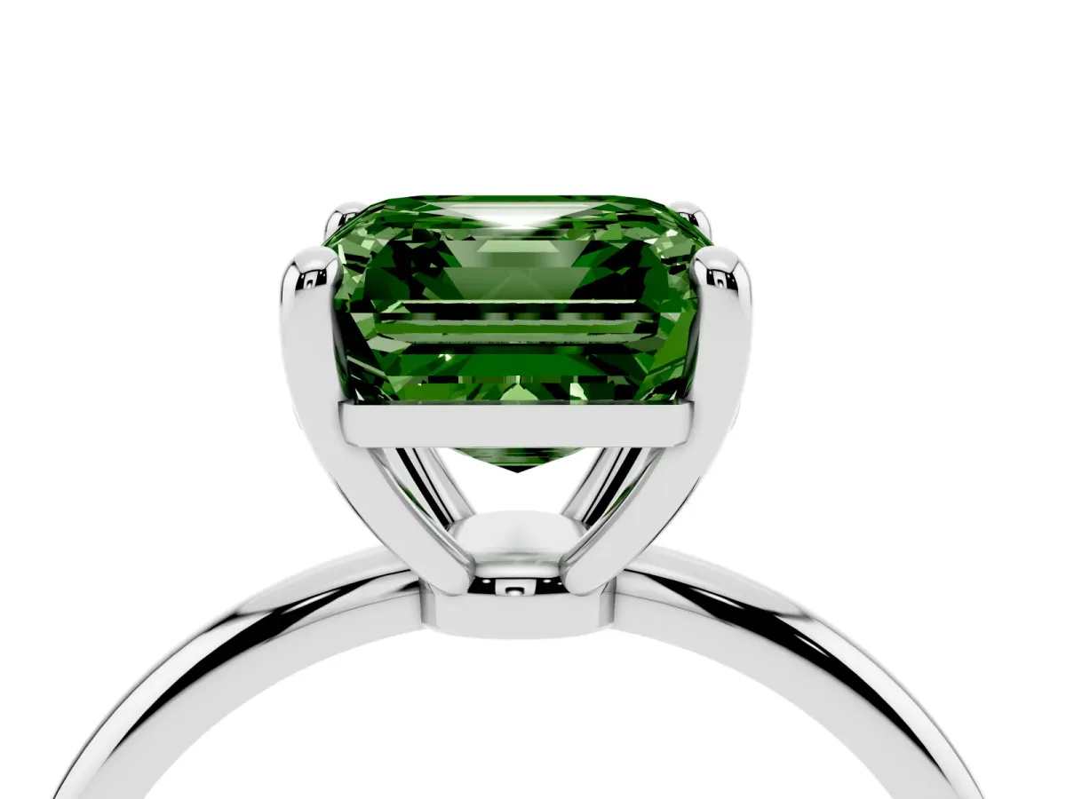Fancy Green Asscher Cut Solitaire Diamond Ring with 4-Prong Setting on a Classic Band Silver
