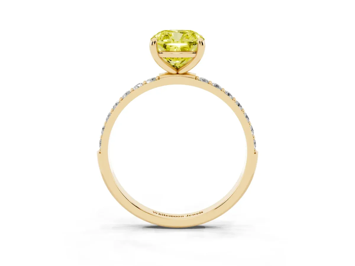 Fancy Yellow Cushion Cut Diamond Solitaire Ring with Round Pavé Band and Prong Setting Yellow gold