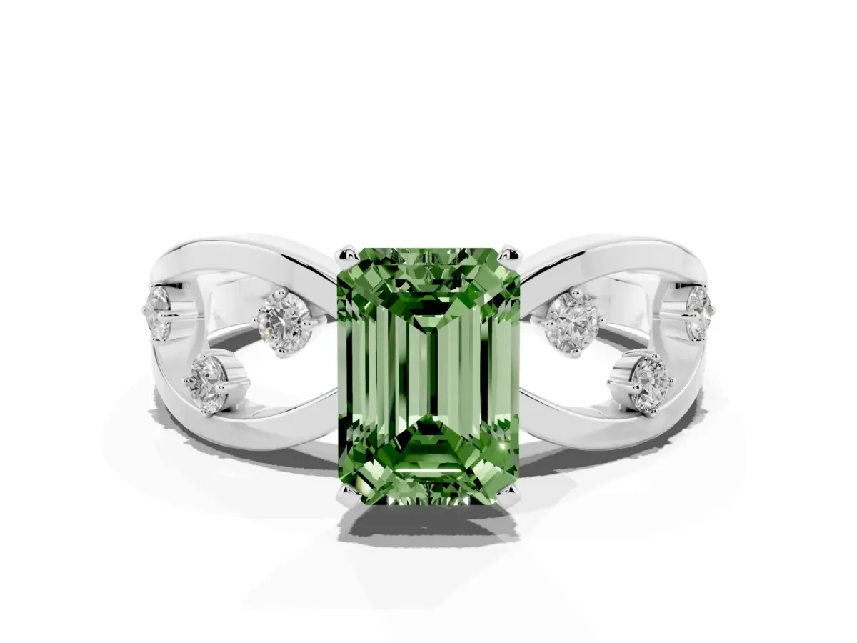 Fancy Green Emerald Cut Cut Solitaire Diamond with Side Stones on Criss-Cross Band and Four-Prong Setting Platinum